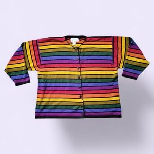 Lisa International II Rainbow Striped Cardigan Sweater Vintage Eclectic Arty 1X